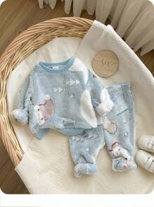 2pcs Baby Boy Christmas Snowman Pattern Ribbed Round Neck Long Sleeve Top & Flannel Pajama Pants Set, Soft & Comfortable, Suitable For Autumn/Winter - Blue and White - View 1