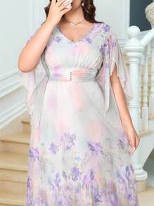 SHEIN Clasi 1 件大码女式夏季优雅花卉印花 V 领花瓣袖褶饰腰部超长连衣裙，度假风格，大码女式长礼服 - 彩色 - 查看 4