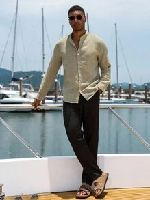 Manfinity Homme Men's Solid Color Pleated Straight Loose Casual Pants - Black - View 2