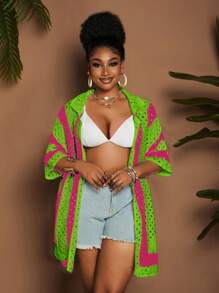 Maweii 大码女式条纹镂空宽松休闲半袖针织开衫，黑白配色 - 彩色 - 查看 6