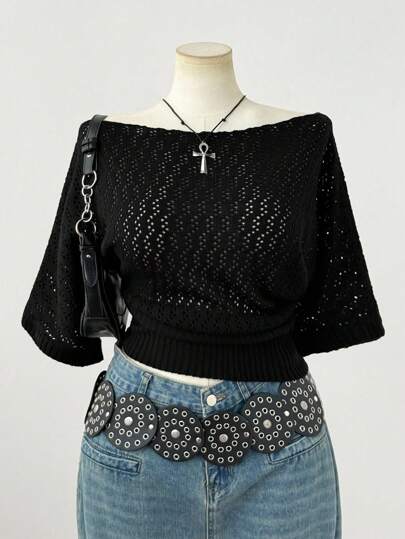 Sunspun Plus Size Women Summer Black Grunge Y2K Knit Top,Elegant Vintage Gothic Hollow Out Eyelet See Through Mesh Short Sleeve Top, Autumn Commuting Wear