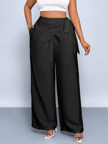 SOLERSUN Plus Size Women's High Waist Faux Linen Blend Pants, Summer Baggy Pants Fall Cloth For Women - Black - View 1