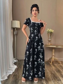 Modelyn 女士优雅花卉印花长裙，夏季 - 黑色 - 查看 3