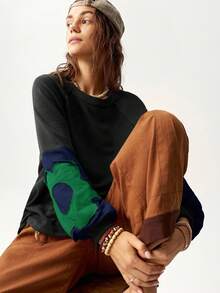 Bohemela Women's Solid Color Block Crew Neck Long Sleeve Floral Decor Sweatshirt, Casual Wear Fall Topspull Oversizeblouse Green Oversized Tops Aesthetic Tops Sleeve Top Oversized Graphic Tees Women Long Sleeve Tops, - Multicolor - View 8