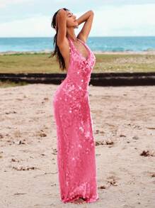 Opulessa 情人节优雅派对礼服纯色闪亮挂脖低胸长裙，适合度假、音乐节、派对、约会等场合