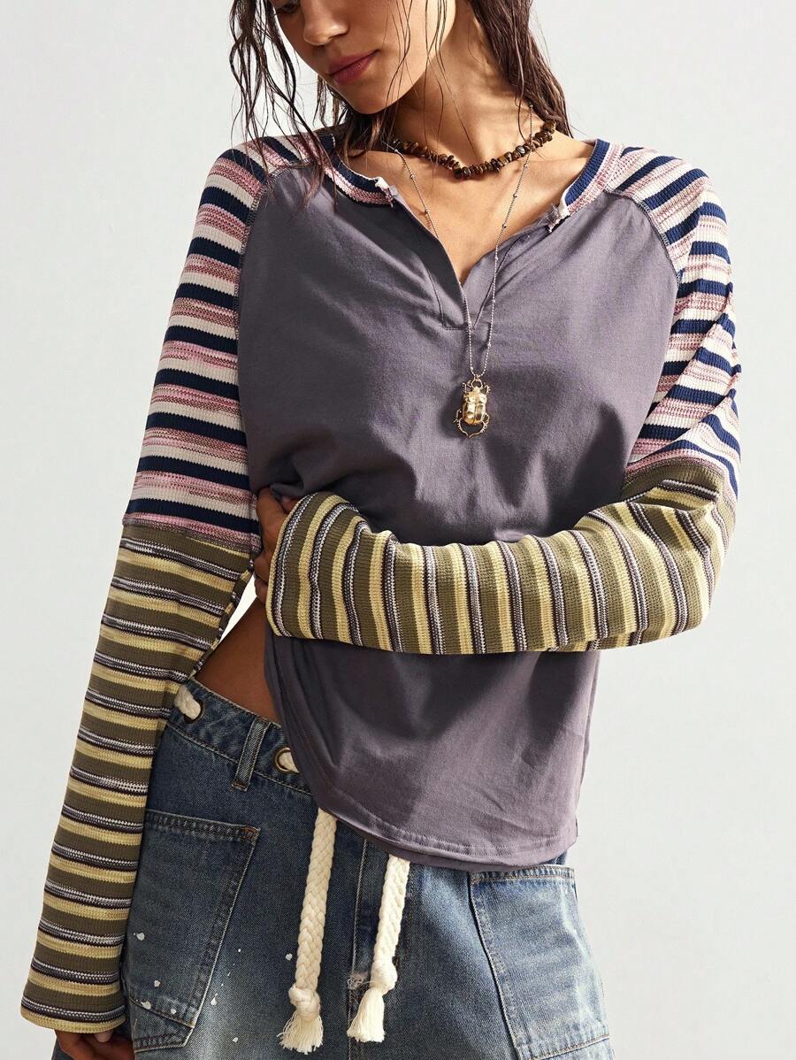 Bohemela 秋冬波西米亚风休闲针织拼布条纹V领长袖宽松女式T恤 - 深灰色 - 查看 1