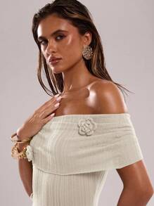 SHEIN BAE 1 chiếc váy hở vai họa tiết hoa 3D bán trong suốt gợi cảm dành cho nữ - Màu be - Xem 6