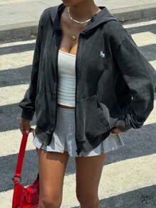 Muchica 女士休闲黑色连帽拉链运动衫 - 黑色 - 查看 5