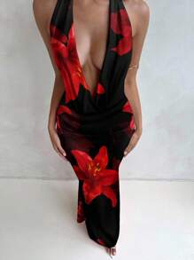 Aloruh 性感热带红色花卉印花垂坠领长裙，适合女士节日、派对、音乐节、优雅场合、修身、波西米亚风格 - 彩色 - 查看 4