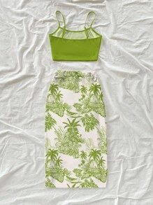 Soleia 两件套休闲棕榈树小屋印花露脐吊带背心和半身裙套装，适合夏季度假热带风情两件套夏季两件套热带服饰热带印花两件套棕榈树两件半身裙套装热带度假服饰 - 綠色 - 查看 2