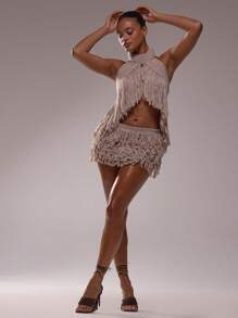 MUSERA Áo len dệt kim tua rua cổ choker, thích hợp cho mùa hè, đi Ibiza, kỳ nghỉ, lễ hội, áo len gợi cảm, áo len mùa xuân, áo len đi nghỉ mát, lễ hội hóa trang. - Màu be - Xem 3