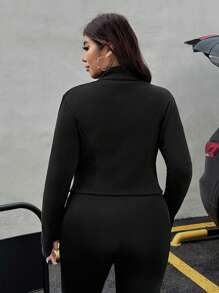 SHEIN EZwear 大尺碼女款秋季黑色羅紋針織開襟外套，2件式休閒套裝，拉鍊短版夾克，登山服，秋冬女裝2件套 - 黑色 - 查看 3