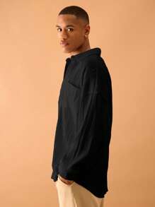 Musero Textured Plisse Long Sleeve Button Through Shirt Summer Streetstyle Vacation Casual - Black - View 2