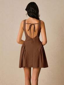 Poéselle Váy ngắn hở lưng màu trơn thanh lịch dành cho nữ, mùa hè - màu nâu - Xem 3