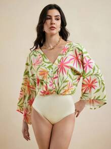 Miriam Omar Multi Floral Printed V Neck Tie Back Flared Sleeves Summer Bodysuit Women Casual Vacation - Multicolor - View 4