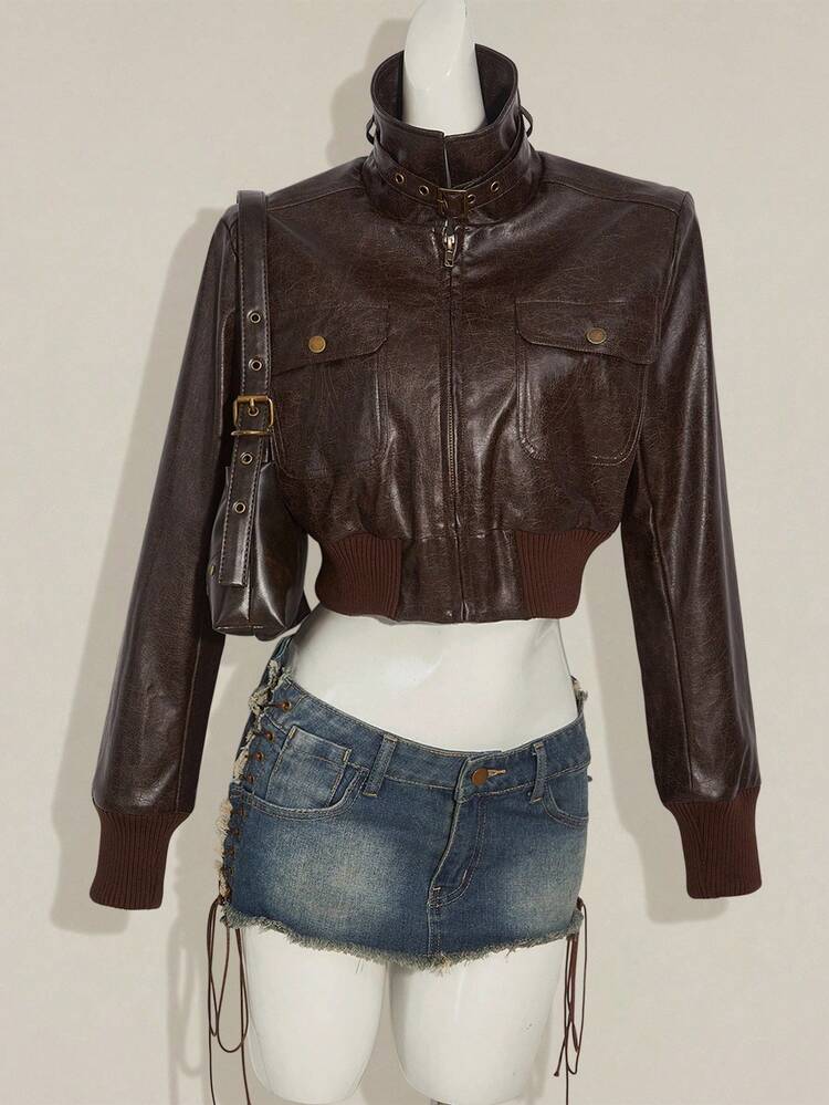 SHEIN ICON Fashionable Versatile Casual Zip-Up PU Leather Long Sleeve Women Jackets Fall Women Clothes - Brown - View 4