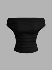 SHEIN EZwear 2 件套黑色和粉色纯色露肩荷叶边衬衫，夏季新款百搭百搭女式上衣 - 彩色 - 查看 5