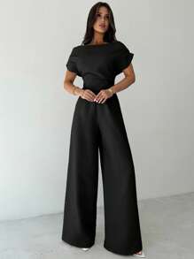 Firerie Summer New Women's Elegant Casual Commuter White Drop Shoulder Blouse & Wide Leg Pants Suit - Black - View 3