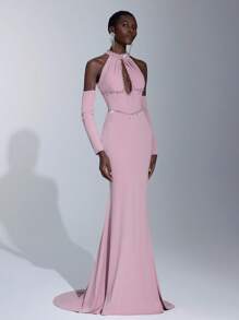 Elitara Elegant Woven Halter Off-Shoulder Mermaid Hem Zipper Dress, Suitable For Evening Parties, Business Events, Afternoon Tea, Birthday Celebrations, Holidays, Weddings, And Other Formal Occasions - Coral Pink - View 7