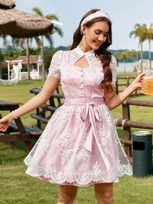 Firerie 女士优雅慕尼黑啤酒节蕾丝边方领交叉系带可拆卸蕾丝围裙 A 字粉色短裙、连衣裙 - 粉色 - 查看 4