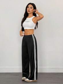 SHEIN PETITE Casual Black Side Striped Trousers Simple Fashion Daily Casual Loose Pants