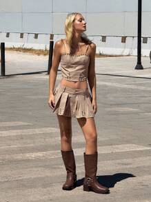 SHEIN ICON Conjunto de top de tirantes y falda plisada para mujer - Marrón - Ver 2