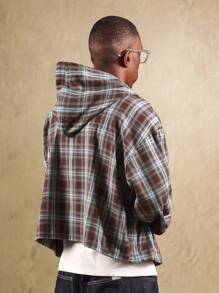 SUMWON 超大格子法兰绒连帽夹克拉链短袖轻便纽扣口袋休闲秋冬外套街头潮流分层单品