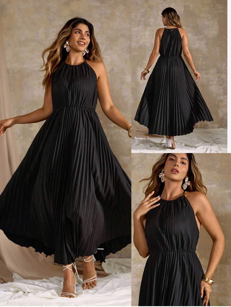 Roveilla Plus Size Women Elegant Solid Color Pleated Halter Dress For Summer