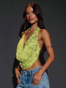 SHEIN BAE 绿色纯色优雅串珠刺绣露背吊带上衣，适合度假、音乐节、派对等场合。 - 綠色 - 查看 6