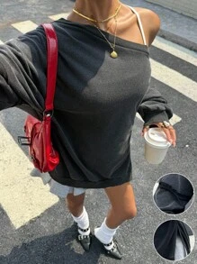 Muchica Fall Clothes Back To School Homecoming  Casual  Black Batwing Sleeve Loose Sweatshirt - Black - View 6