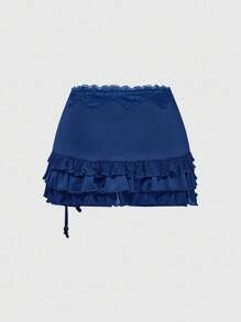 ROMWE Grunge Punk 春假演唱会女装狂欢节情人节低腰豹纹蕾丝边性感复古分层荷叶边蝴蝶结褶皱女式迷你裙 - 藍色 - 查看 4