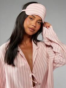 MISSGUIDED 条纹缎面睡衣套装，阔腿裤，抽绳前襟衬衫，家居睡衣，节日礼物，配套眼罩，舒适夜间睡眠服，秋季服装 - 粉色 - 查看 5