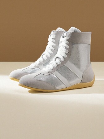 CUCCOO EASI Höga damsneakers med snörning och rund tå, platta casualsneakers, PU-läder, silverfärgade, lämpliga för casual, sport, inomhus- och utomhusbruk på hösten/vintern