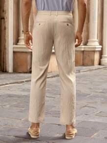 HIMLAND 男士松紧腰休闲日常通勤半正式裤男士亚麻裤男士米色裤子男士夏季裤子男士休闲裤轻便男裤，秋季 - 卡其色 - 查看 4