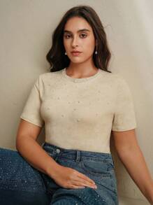 Anewsta 大码女式沙色水洗铆钉修身圆领短袖T恤 - 杏色 - 查看 2