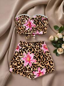 SHEIN EZwear 2 件女士夏季休闲豹纹和花卉印花套装 - 彩色 - 查看 2