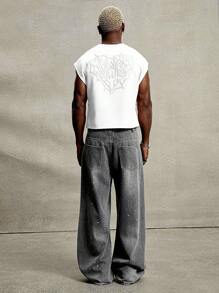 PAVTROS Manfinity Streetrush Men's Street-Style Popular INS Matching Spider Web & Heart Embroidered Top, Everyday Wear, Boyfriend/Husband Gift, Anniversary Gift, Fashionable Loose Fit, 2000s Style - White - View 2