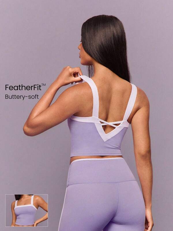 GLOWMODE FeatherFit™ Camiseta corta de dos tonos con espalda en V profunda, suave y elástica, que absorbe la humedad, con copas desmontables, ideal para yoga, pilates, barre, gimnasio y uso diario casual