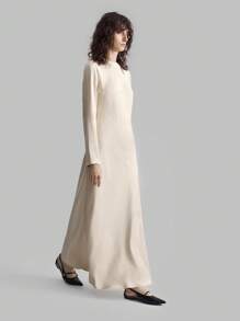 Ontre Váy công sở đa năng, thiết thực mới 2025 dành cho nữ, cổ tròn tay dài bằng vải satin, váy suông màu trơn thanh lịch, trang phục công sở thường ngày, phong cách cổ điển nhẹ nhàng, thời trang sân bay đi làm chất lượng cao - trắng - Xem 5