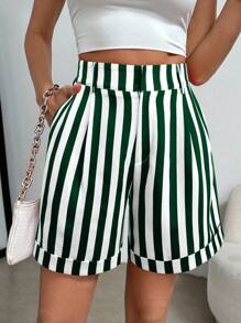 SHEIN Clasi 大码女式高腰条纹口袋褶皱宽松短裤 - 綠色 - 查看 1