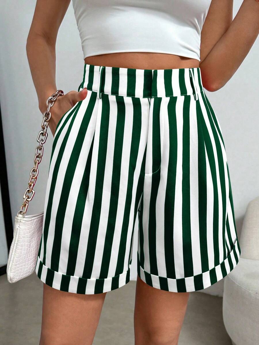 SHEIN Clasi 大码女式高腰条纹口袋褶皱宽松短裤 - 綠色 - 查看 1