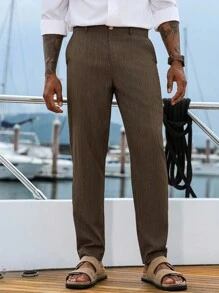 Manfinity Homme Calças de bolso simples de cor sólida casual masculina, outono - Castanho Café - Ver 5