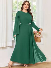 Modelyn 大码女式优雅水钻装饰修身腰部圆领派对连衣裙 - 綠色 - 查看 7