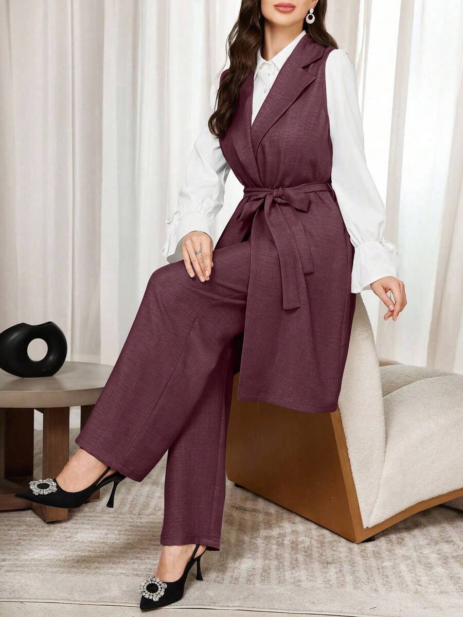 Modelyn 3 件套女士纯色前扣简约长袖衬衫、前领带无袖夹克和长裤休闲西装套装 2 件套 - 中紫紅色 - 查看 1