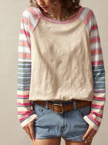 Bohemela 女式休闲条纹插肩长袖针织圆领T恤 - 彩色 - 查看 4