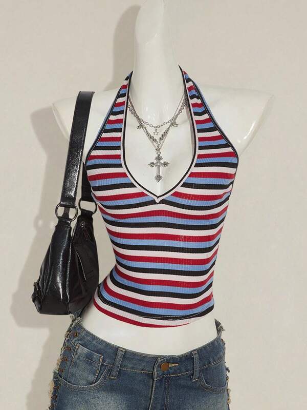 SHEIN ICON Sexy Deep V-Neck Rainbow Striped Tight Camisole