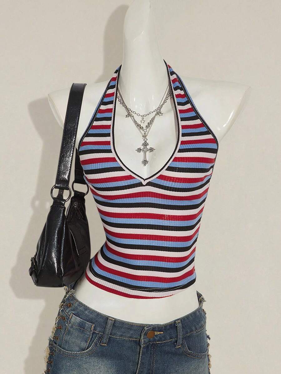 SHEIN ICON Sexy Deep V-Neck Rainbow Striped Tight Camisole - Multicolor - View 1