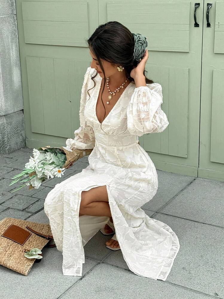 white flowy dress with sleeves Smocked 3/4 Sleeve Airflow V-Neck, Sharon Maxi in White, Size S, For Brunch Its easy to be swept away by the romance of the Lulus My Whole Heart White Long Sleeve Wrap Dress Be Free Mini Dress Vanilla