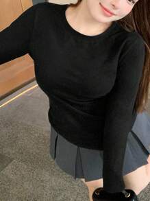 Dazy Plus 大码女式黑色纯色圆领弹力裹身长袖不对称下摆 T 恤上衣 - 黑色 - 查看 8