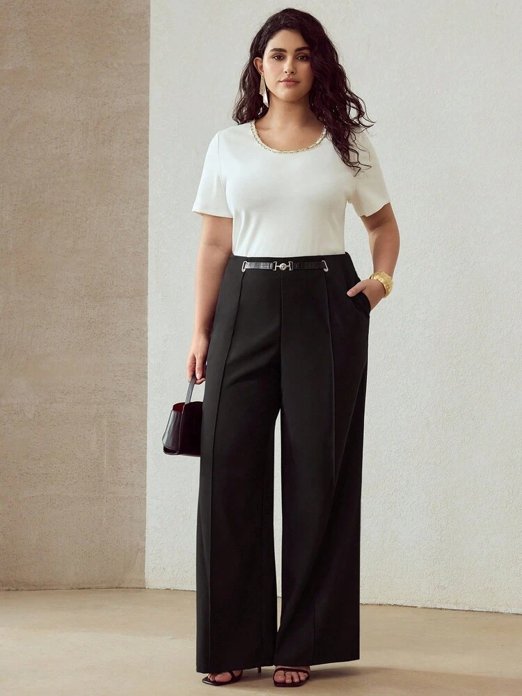 PLUS SIZE SOLID BUCKLE WAIST SLANT POCKET SEAM FRONT WIDE LEG SUIT PANTS